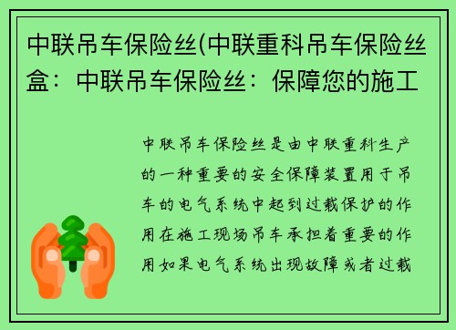 中联吊车保险丝(中联重科吊车保险丝盒：中联吊车保险丝：保障您的施工安全)