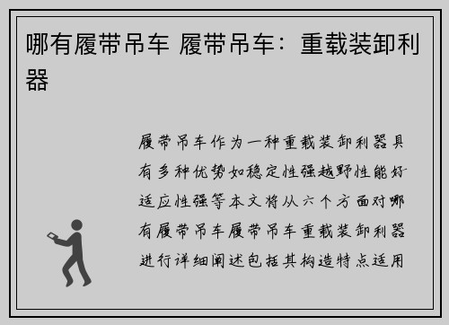 哪有履带吊车 履带吊车：重载装卸利器