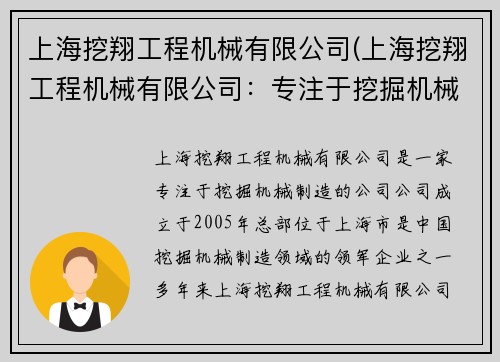 上海挖翔工程机械有限公司(上海挖翔工程机械有限公司：专注于挖掘机械制造)