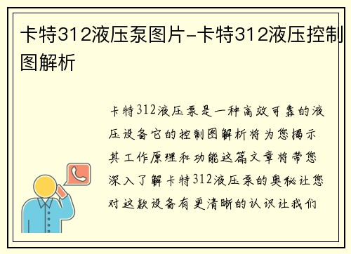 卡特312液压泵图片-卡特312液压控制图解析