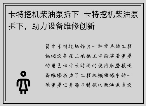 卡特挖机柴油泵拆下-卡特挖机柴油泵拆下，助力设备维修创新